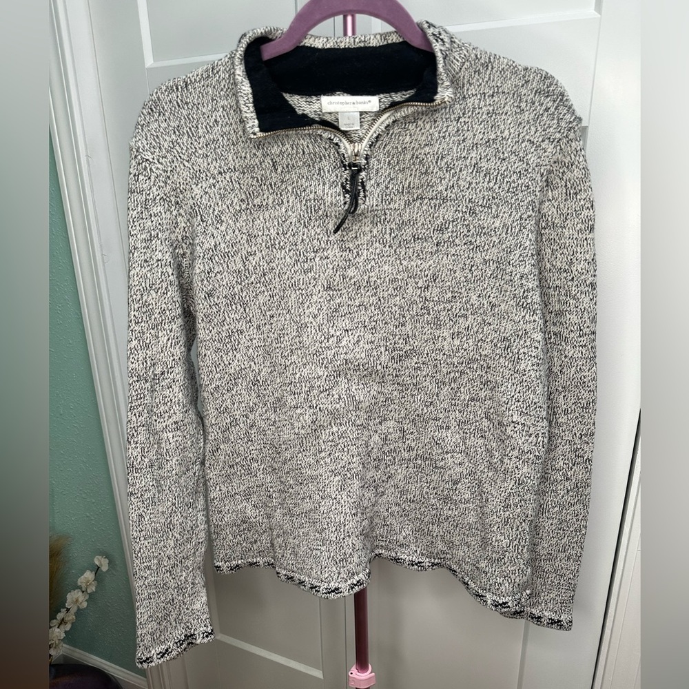 Christopher & Banks Black & Gray Marled 1/4 Zipper Neck Cotton Sweater Size LG